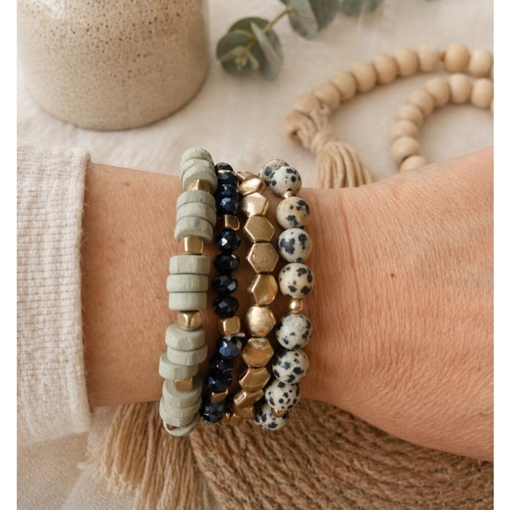 Pomina Natural Tone Stone Stretch  Bracelet Stack New